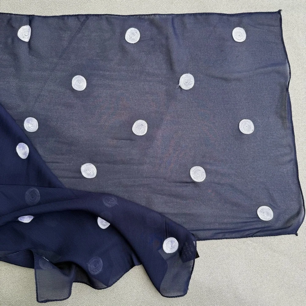 A. Brod Fashion Accessories Blue Navy White Dots Sheer Long Rayon Scarf 64 x 14